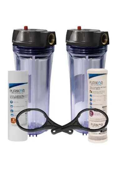 [PKPFT10X.75P PKCPP2.5X10X5 PKCCTO2.5X10X5] 2 Portafiltros Transparente 2.5x10 + Sedimentos + Carbon Activado