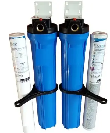 2 Portafiltros Transparente 2.5x20 + Sedimentos + Carbon (Conexion roscada en Bronce 0.75")