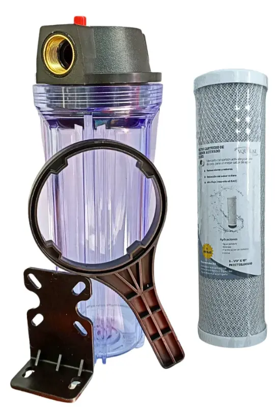 Kit Portafiltros Transparente 2.5x10 PURGA + Carbon Activado (Conexion roscada en Bronce 0.75")