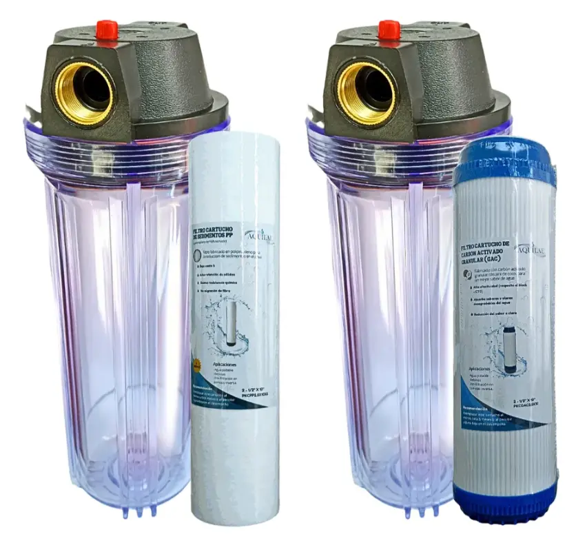 2 Portafiltros Transparente 2.5x10 PURGA + Sedimendos + Carbon Activado Granular (Conexion roscada en Bronce 0.75")