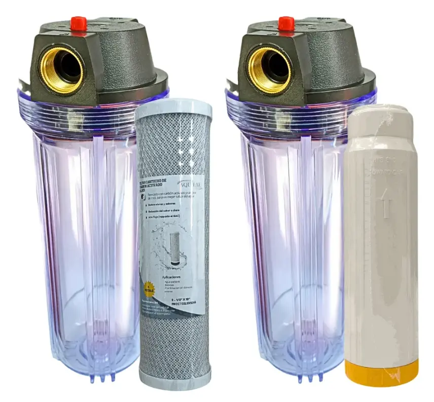2 Portafiltros Transparente 2.5x10 PURGA + Resina + Sedimentos (Conexion roscada en Bronce 0.75")