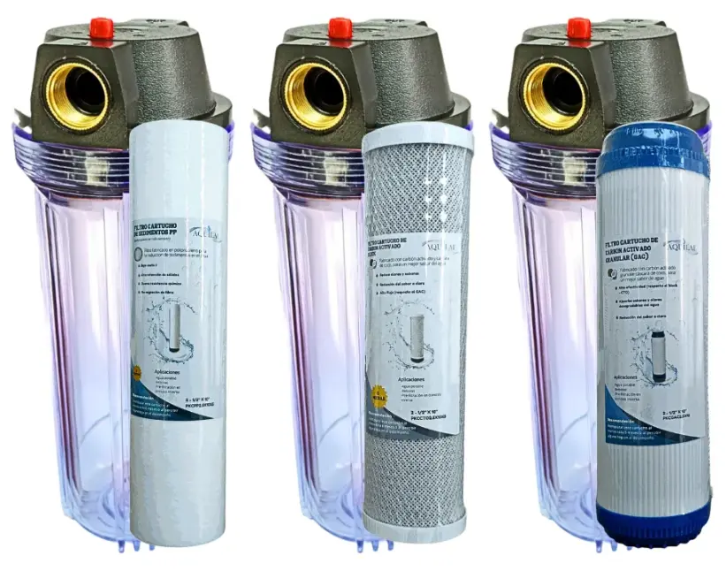 Kit 3 Portafiltros Transparente 2.5x10 PURGA + Carbon Bloque + Carbon Granular + Sedimentos (Conexion roscada en Bronce 0.75")