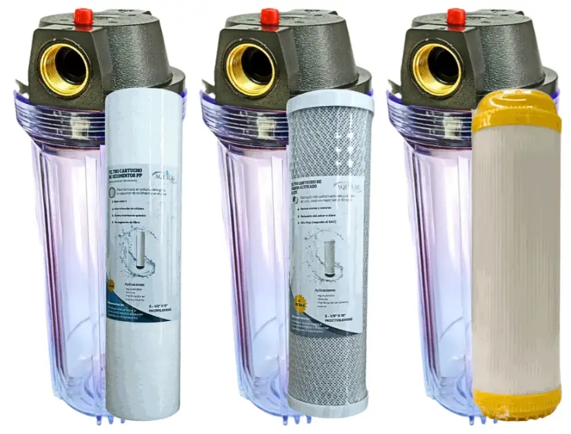 3 Portafiltros Transparente 2.5x10 PURGA + Sedimentos + Resina + Carbon Activado (Conexion roscada en Bronce 0.75")