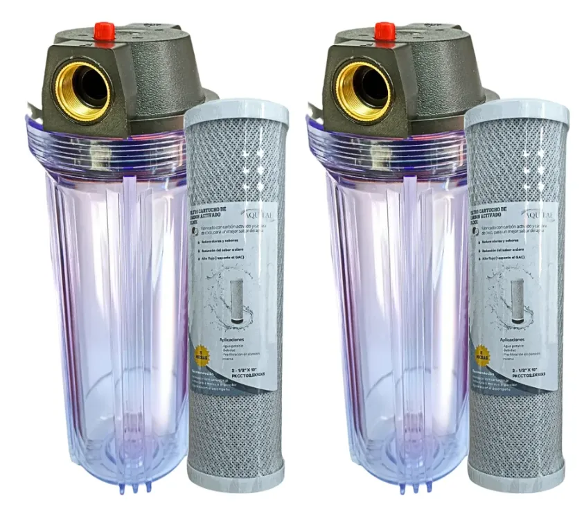 [PKPFT10X.75P 2 PKCCTO2.5X10X5 2] 2 Portafiltros Transparente 2.5x10 PURGA + Carbon Activado (Conexion roscada en Bronce 0.75")