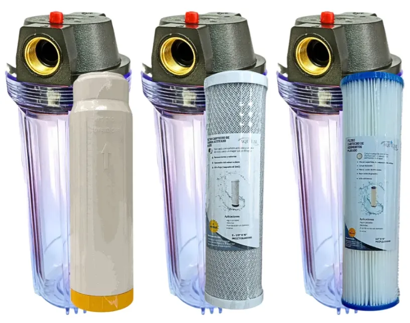 3 Portafiltros Transparente 2.5x10 PURGA + Resina + Carbon en Bloque + Plizado (Conexion roscada en Bronce 0.75")