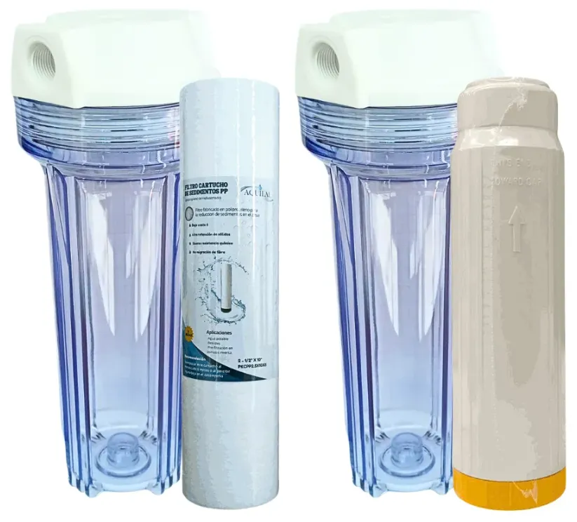 2 Portafiltros Transparente 2.5x10 + Sedimentos + Resina (Conexion roscada en Plastico 0.25")