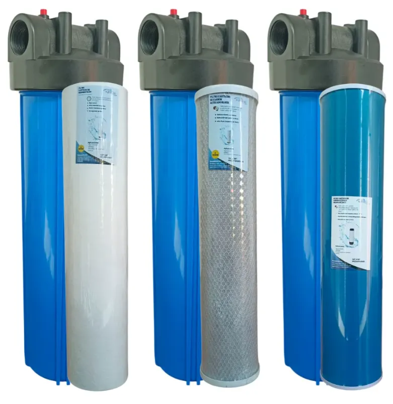 Kit PortaFiltro Big Blue 20x1.5 Purg 24gpm + Sedimentos + Carbon en Bloque + Carbon Granular