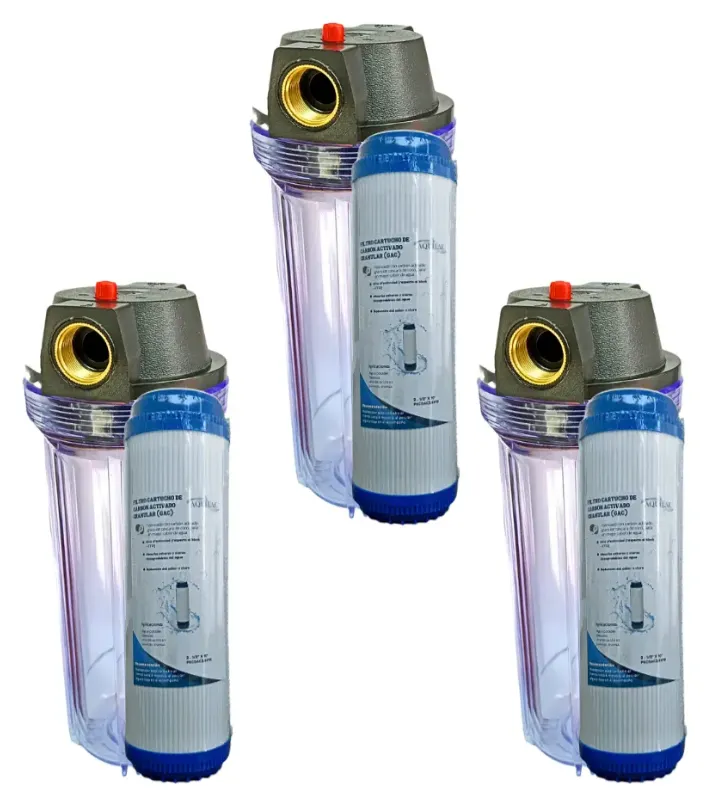 Kit 3 Portafiltros Transparente 2.5x10 PURGA + Carbon Granular (Conexion roscada en Bronce 0.75")
