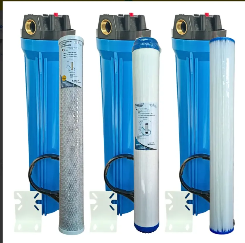 3 Portafiltros Transparente 2.5x20 + Carbon Bloque + Granular + Plizado (Conexion roscada en Bronce 0.75")