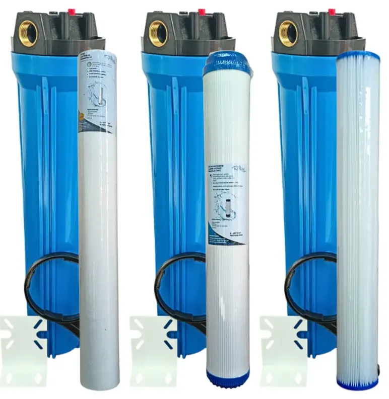 3 Portafiltros Transparente 2.5x20 + Sedimentos + Carbon Granular + Plizado (Conexion roscada en Bronce 0.75")