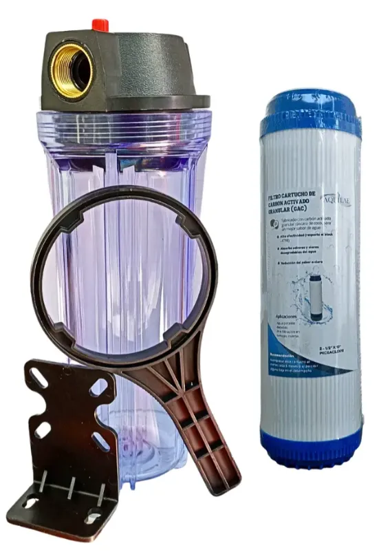 Kit Portafiltros Transparente 2.5x10 PURGA + Carbon Granular (Conexion roscada en Bronce 0.75")